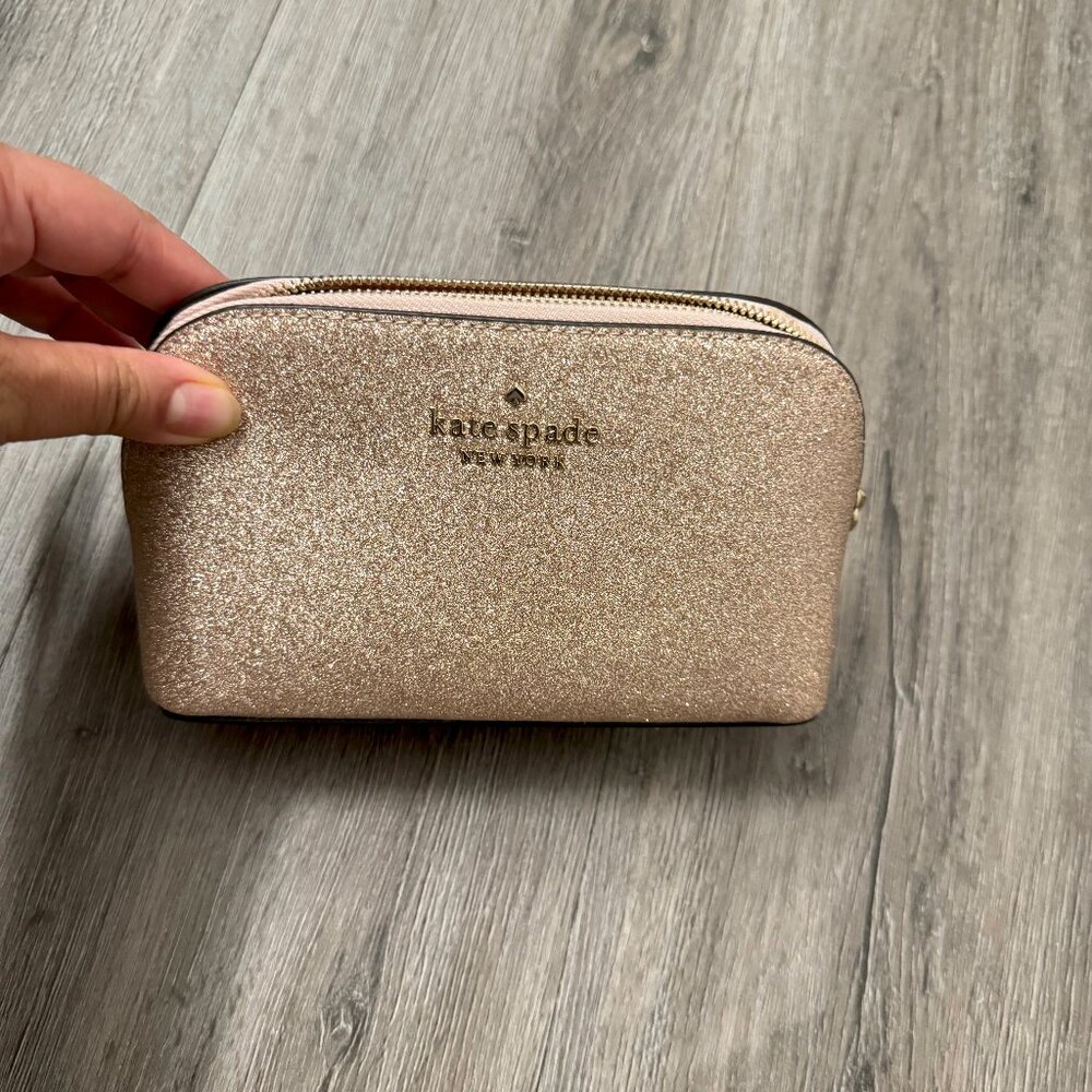 Kate Spade Tinsel Glitter Fabric Rose Gold Cosmetic Makeup Case K9263 New
